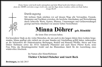Traueranzeige von Minna Döhrer von Südthüringer Presse