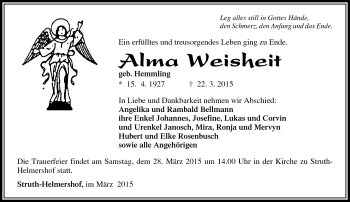Traueranzeige von Alma Weisheit von Südthüringer Presse
