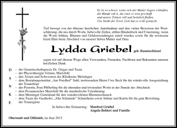 Traueranzeige von Lydda Griebel von Südthüringer Presse