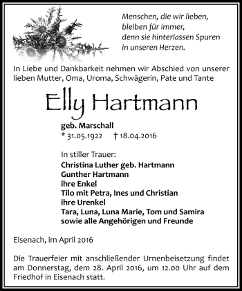 Traueranzeige von Elly Hartmann von Südthüringer Presse