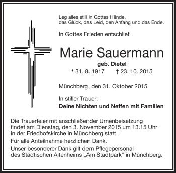 Traueranzeige von Marie Sauermann von Frankenpost