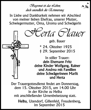 Traueranzeige von Herta Clauer von Südthüringer Presse