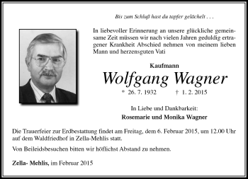 Traueranzeige von Wolfgang Wagner von Südthüringer Presse