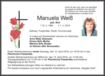 Traueranzeige von Manuela Weiß von Frankenpost