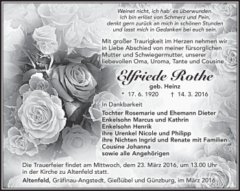 Traueranzeige von Elfriede Rothe von Südthüringer Presse