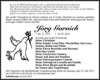 Traueranzeige von Jörg Garnich von Südthüringer Presse