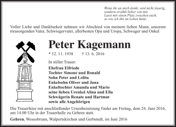 Traueranzeige von Peter Kagemann von Südthüringer Presse