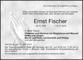 Traueranzeige von Ernst Fischer von Neue Presse Coburg