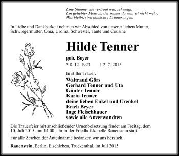 Traueranzeige von Hilde Tenner von Südthüringer Presse