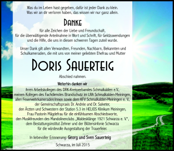 Traueranzeige von Doris Sauerteig von Südthüringer Presse
