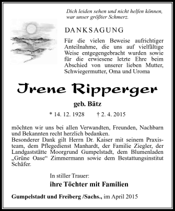 Traueranzeige von Irene Ripperger von Südthüringer Presse