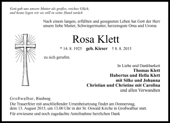 Traueranzeige von Rosa Klett von Neue Presse Coburg