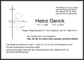Traueranzeige von Heinz Genck von Frankenpost