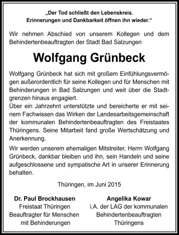 Traueranzeige von Wolfgang Grünbeck von Südthüringer Presse