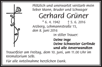 Traueranzeige von Gerhard Grüner von Frankenpost