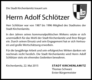 Traueranzeige von Adolf Schlötzer von Frankenpost