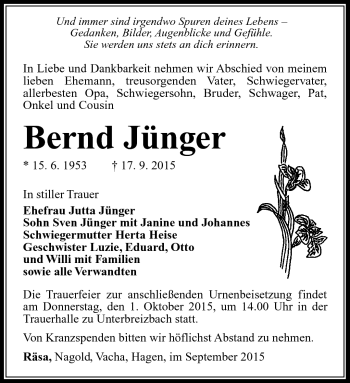 Traueranzeige von Bernd Jünger von Südthüringer Presse