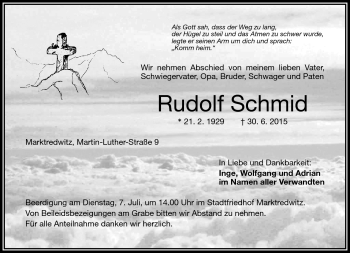 Traueranzeige von Rudolf Schmid von Frankenpost