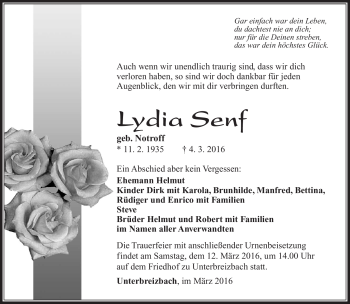 Traueranzeige von Lydia Senf von Südthüringer Presse