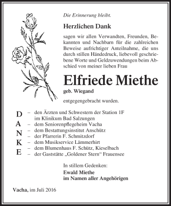 Traueranzeige von Elfriede Miethe von Südthüringer Presse