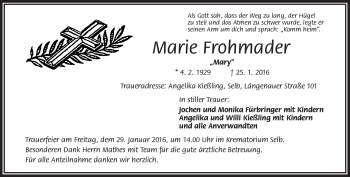 Traueranzeige von Marie Frohmader von Frankenpost