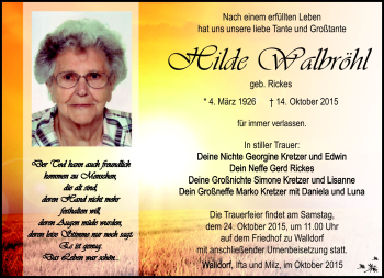 Traueranzeige von Hilde Walbröhl von Südthüringer Presse