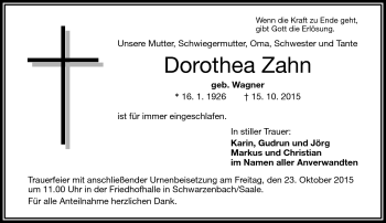 Traueranzeige von Dorothea Zahn von Frankenpost