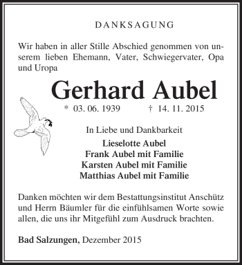 Traueranzeige von Gerhard Aubel von Südthüringer Presse