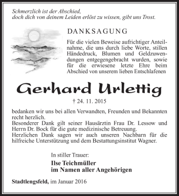 Traueranzeige von Gerhard Urlettig von Südthüringer Presse