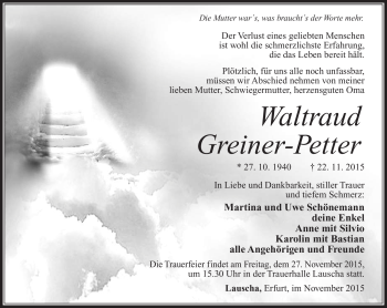 Traueranzeige von Waltraud Greiner-Petter von Südthüringer Presse