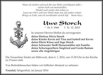 Traueranzeige von Uwe Storch von Südthüringer Presse