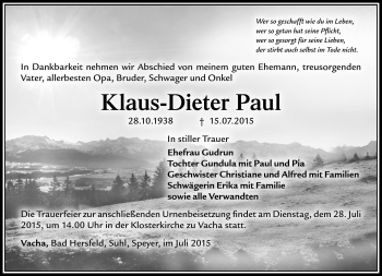 Traueranzeige von Klaus-Dieter Paul von Südthüringer Presse