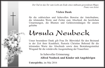 Traueranzeige von Ursula Neubeck von Südthüringer Presse