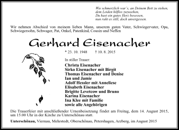 Traueranzeige von Gerhard Eisenacher von Südthüringer Presse
