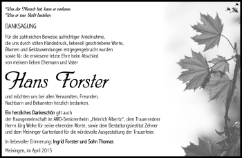 Traueranzeige von Hans Forster Forster von Südthüringer Presse