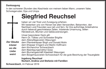 Traueranzeige von Siegfried Reuchsel von Südthüringer Presse