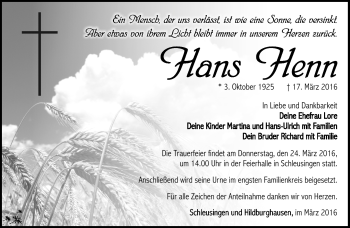 Traueranzeige von Hans Henn von Südthüringer Presse