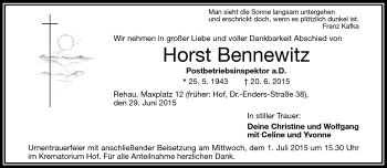 Traueranzeige von Horst Bennewitz von Frankenpost