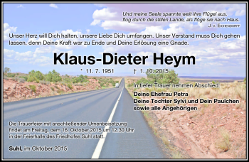 Traueranzeige von Klaus-Dieter Heym von Südthüringer Presse