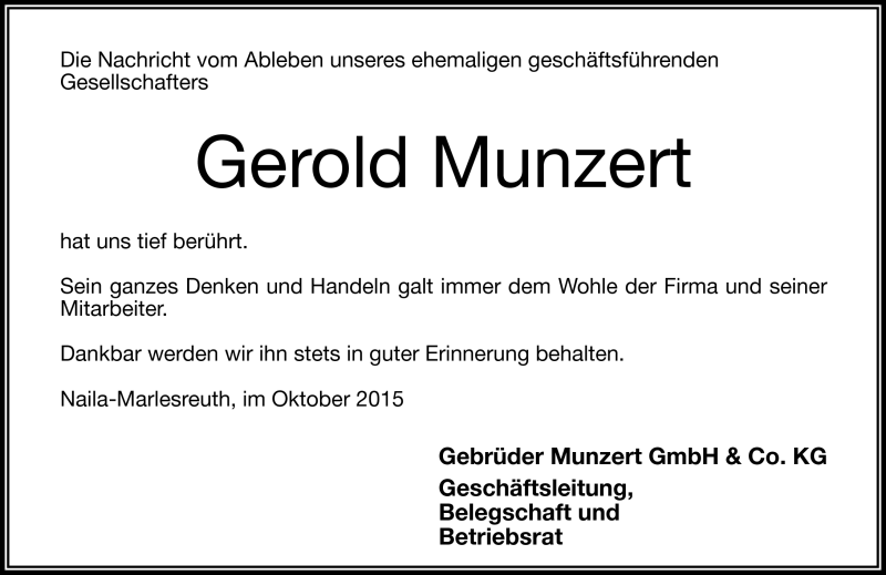  Traueranzeige für Gerold Munzert vom 02.10.2015 aus Frankenpost