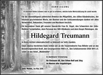 Traueranzeige von Hildegard Treumann von Südthüringer Presse