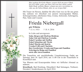 Traueranzeige von Frieda Niebergall von Südthüringer Presse
