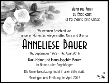 Traueranzeige von Anneliese Bauer von Südthüringer Presse