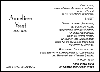 Traueranzeige von Anneliese Voigt von Südthüringer Presse