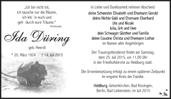 Traueranzeige von Ida Düring von Südthüringer Presse