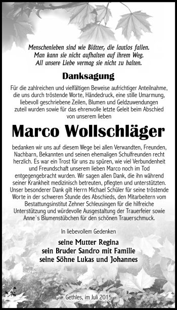 Traueranzeige von Marco Wollenschläger von Südthüringer Presse