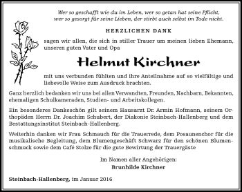 Traueranzeige von Helmut Kirchner von Südthüringer Presse