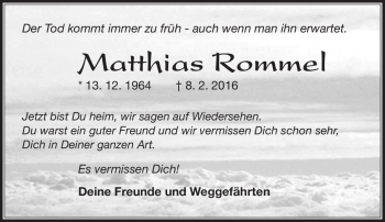 Traueranzeige von Matthias Rommel von Südthüringer Presse