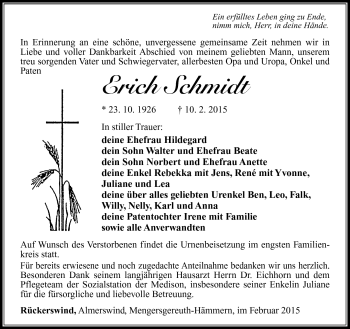 Traueranzeige von Erich Schmidt von Südthüringer Presse