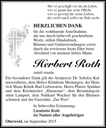 Traueranzeige von herbert Roth von Südthüringer Presse